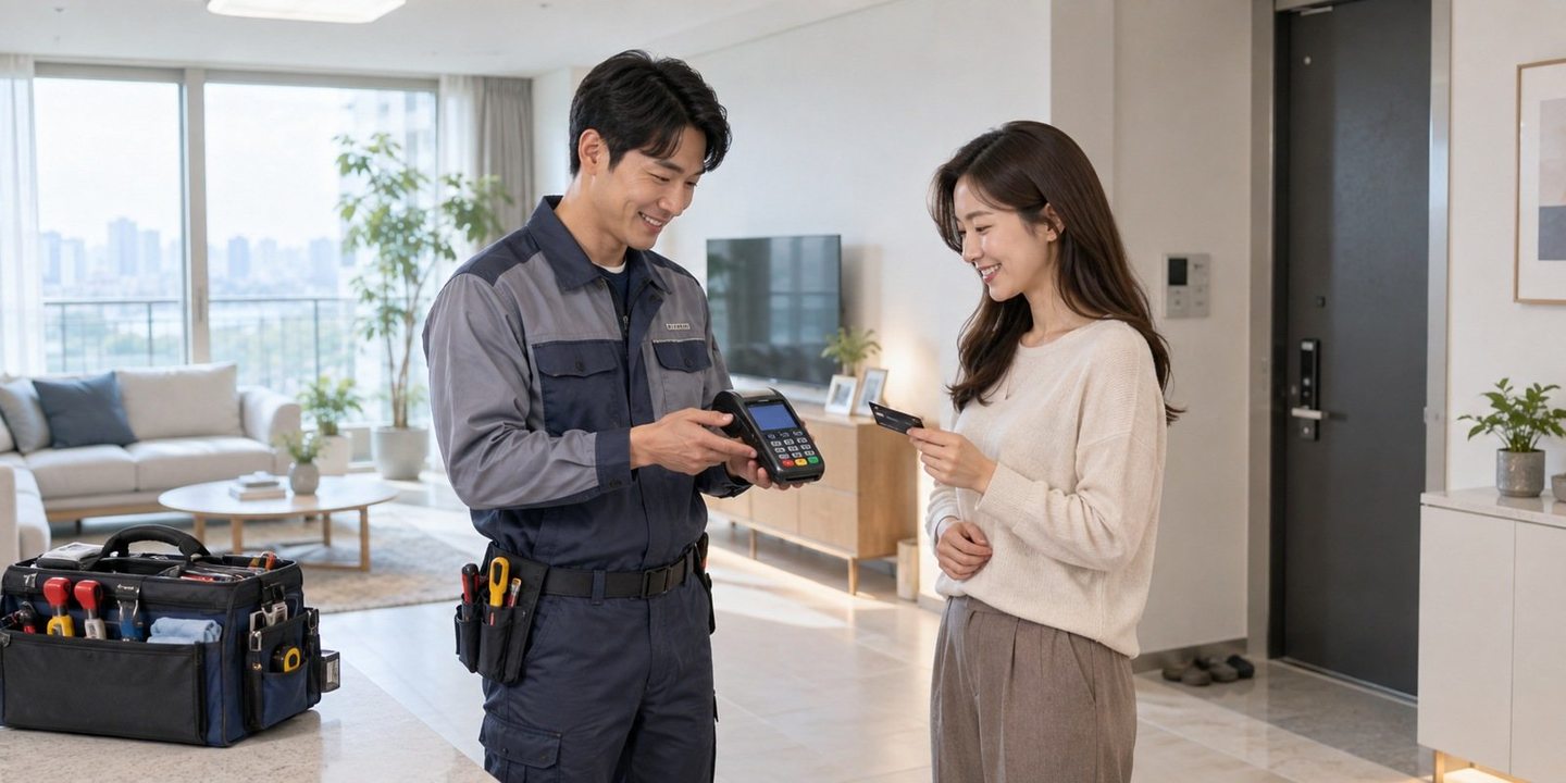 매장 안에서 휴대용 결제 기기를 살펴보는 사람들 — 무선카드단말기 가입 수수료수수료, 지금 조건을 알고 계세요? 연락 주시면 같은 줄끼리 나란히 놓아 드려요.
