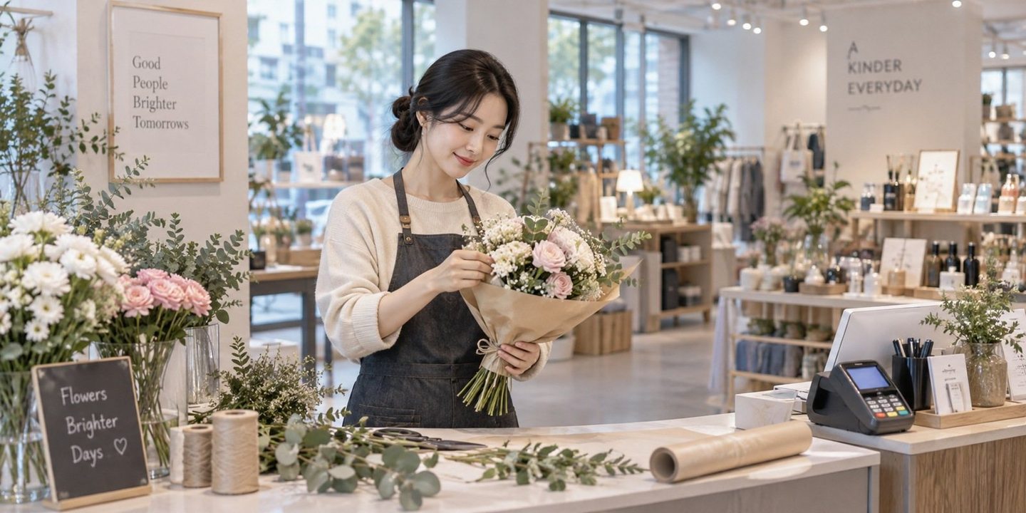 꽃이 놓인 매장 계산대에서 결제를 준비하는 운영자 — 무선카드단말기 가입 가입비 0원이라는 말 다음, 달마다 나갈 돈까지 보여 드려요.